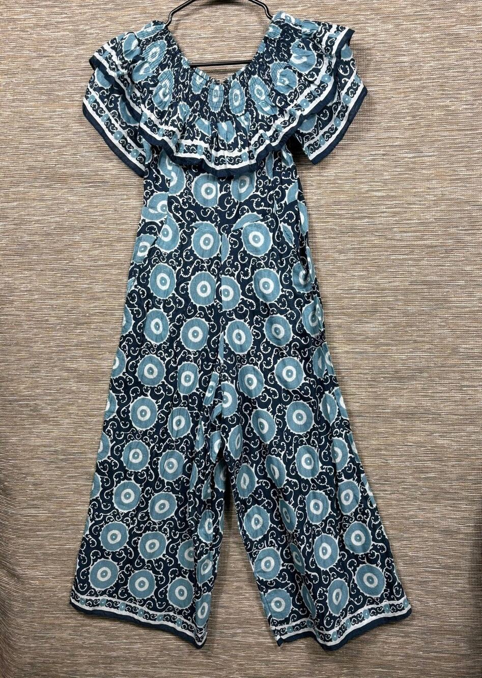 Kopal Jumpsuit Womens XS Blue Geometric Ruffle Off Shoulder Wide Leg Boho Casual